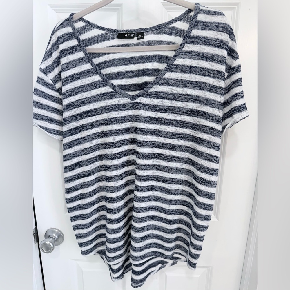 a.n.a Navy and White Striped Short Sleeve Top